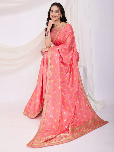 Amazing Coral Pink Bandhani Printed Silk Festival Wear Saree